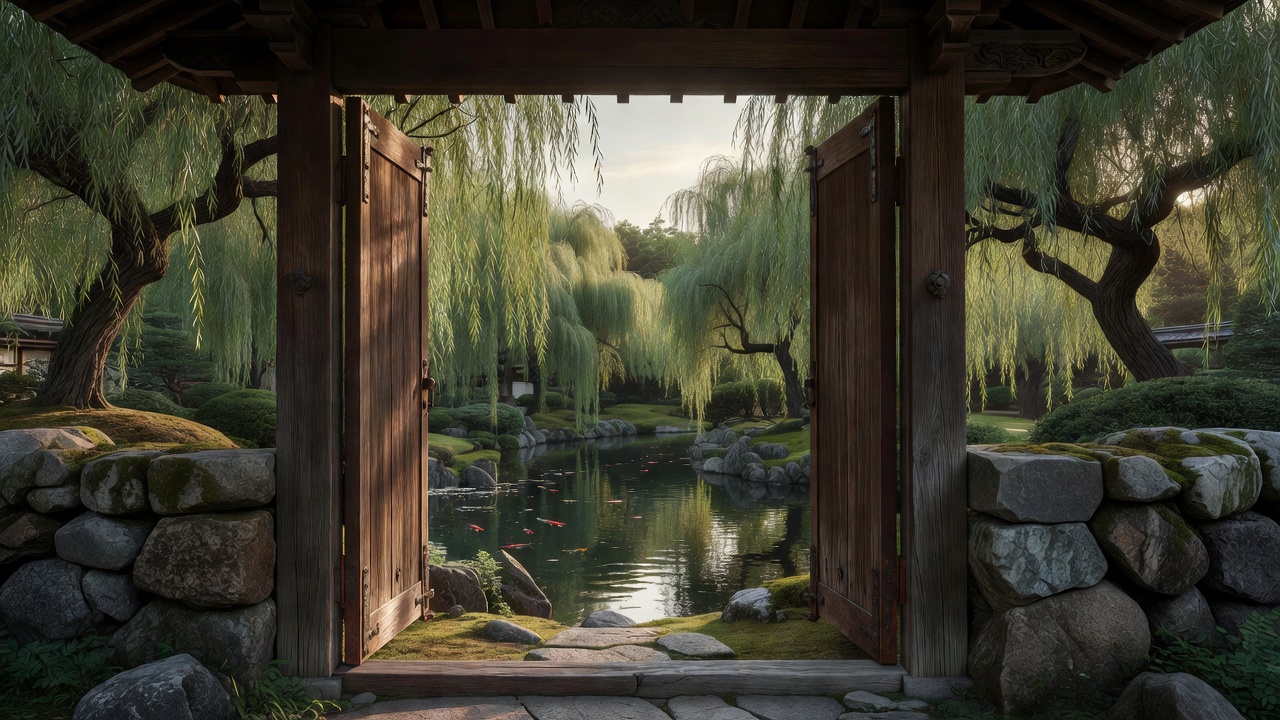木の門越しに見える隠れた庭